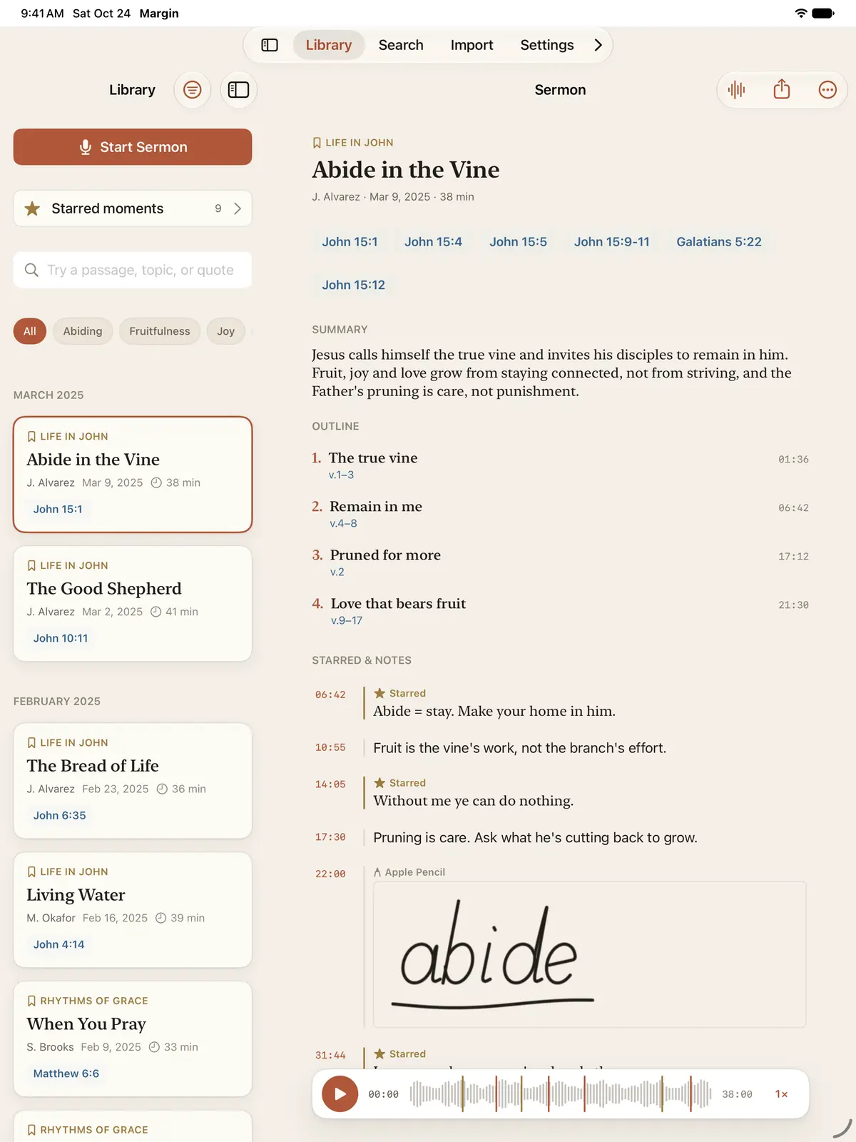 Margin on iPad: the sermon library beside Abide in the Vine, with starred notes and a handwritten Apple Pencil note.