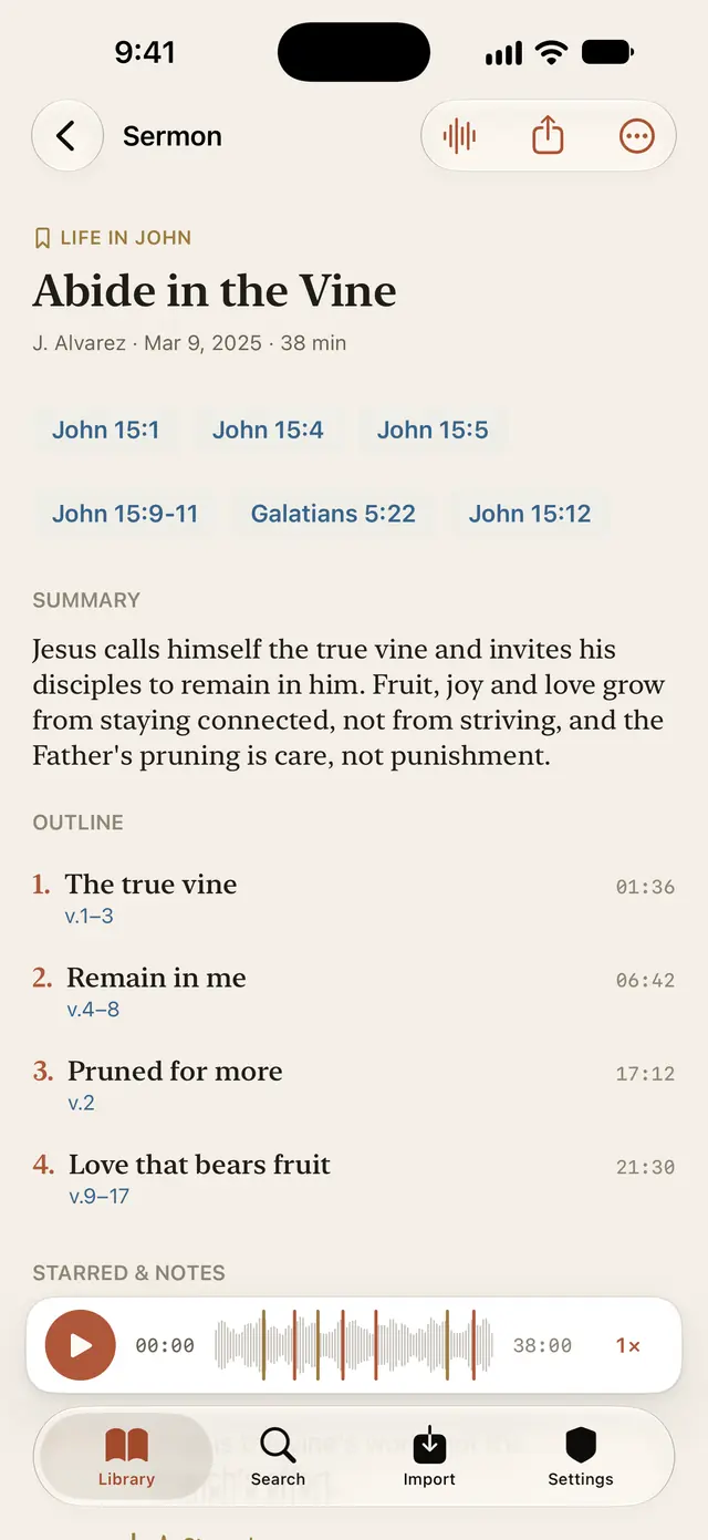 Margin on iPhone showing the sermon Abide in the Vine by J. Alvarez, with its Scripture references, a summary and a timestamped outline.