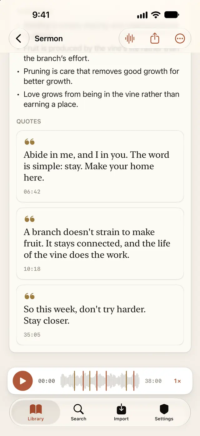 Study Notes for a sermon: takeaways, then quotes from the sermon, each with the moment it was said.