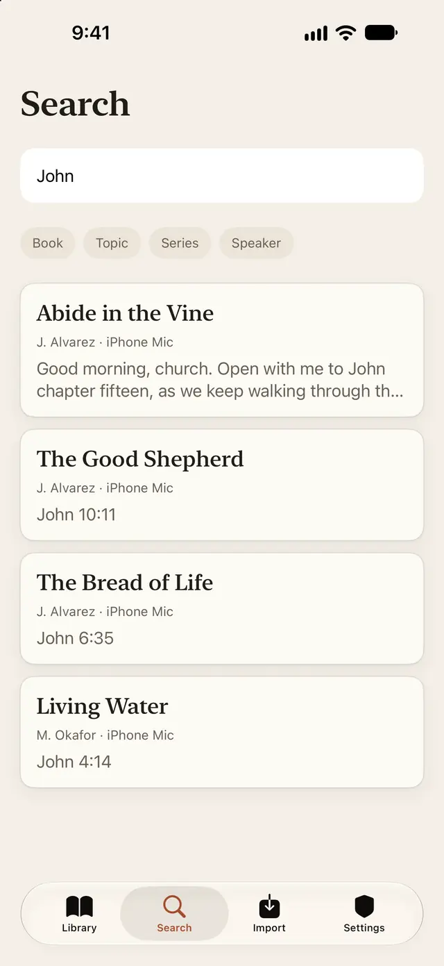 Search results for John, listing sermons by J. Alvarez and M. Okafor with the passages each one preached on.