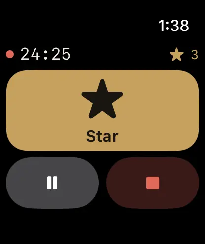 Margin on Apple Watch, recording 24 minutes in with three stars, and a large Star button.